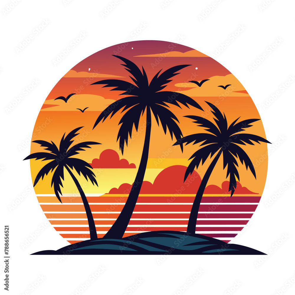 Tropical Sunset Palm Silhouette Vector. Exotic Beach Sunset Palms Vector Graphic. Palm Tree Horizon Sunset Vector Illustration Tropical Sunset Palm Silhouette Vector. Exotic Beach Sunset Palms Vector Graphic. Palm Tree Horizon Sunset Vector Illustration