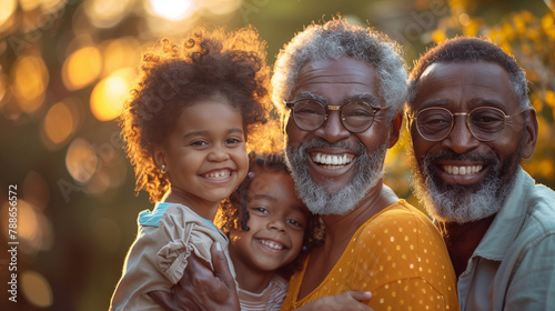 copy space, stockphoto, Happy multigenerational family of four smiling at the camera, with father and mother holding young children aged around five or six with curly hair. The grandpa is older than d