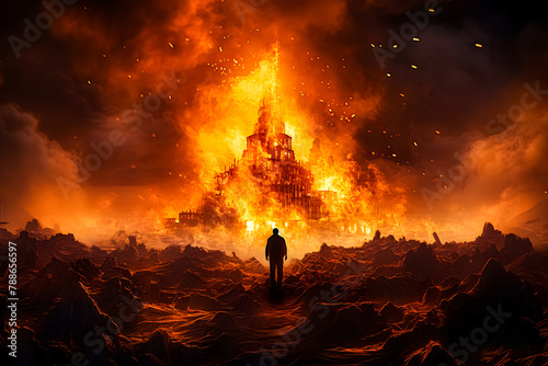 people walking amidst the flames of hell, a picture of the end of the world and the earth being destroyed and uninhabitable #788656597