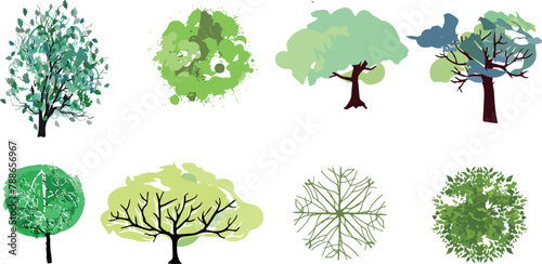 Vector tree top watercolor hand drawn view isolated on white background for landscape plan and architecture layout drawing,