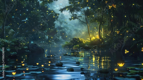 Fireflies at night in a swamp in tropical forest. Fairy landscape with waterlilies, trees and rocks. Modern illustration of wetlands or wild jungle areas with rivers or ponds. photo