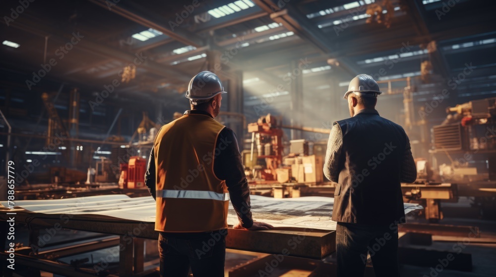 Industrial Engineers in Hard Hats Discussing Plans in Factory Industrial Engineers in Hard Hats Discussing Plans in Factory