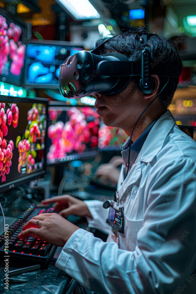 Obraz premium Medical researcher in white lab coat using computer