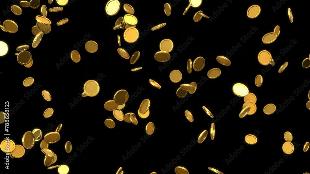 Animation of Golden coins falling over the black background. Rendered animation.