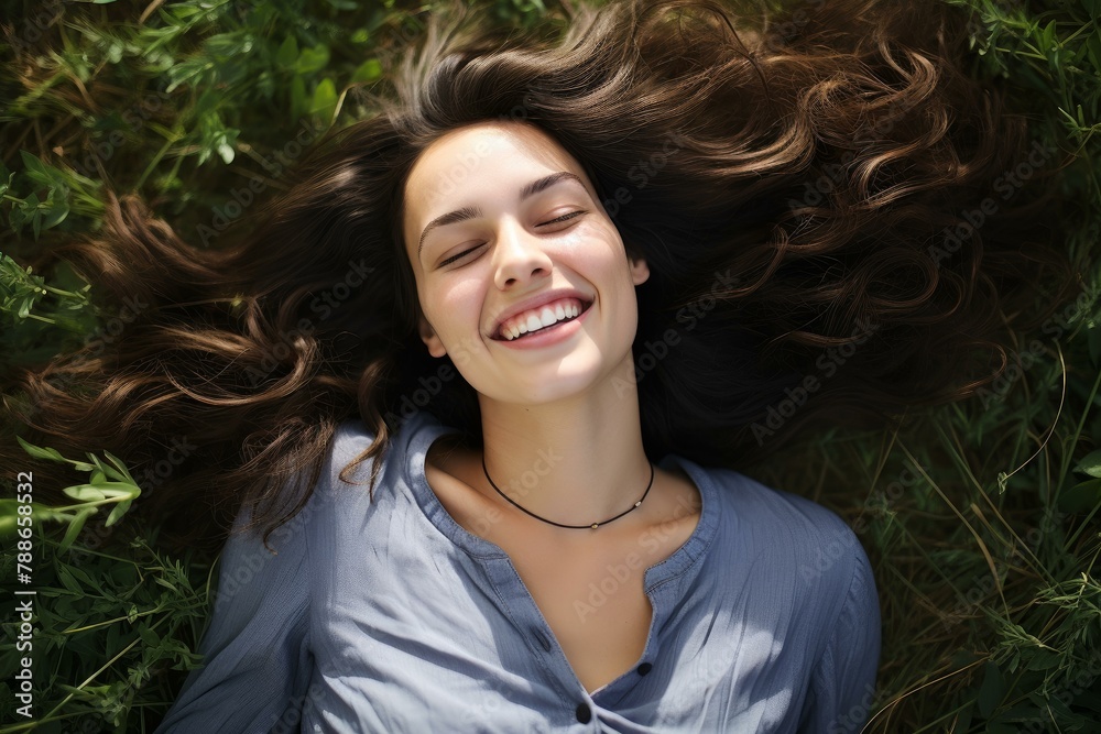 Serene Smiling relaxing brunette on green grass. Happy pretty woman lying on summer lawn. Generate ai Serene Smiling relaxing brunette on green grass. Happy pretty woman lying on summer lawn. Generate ai