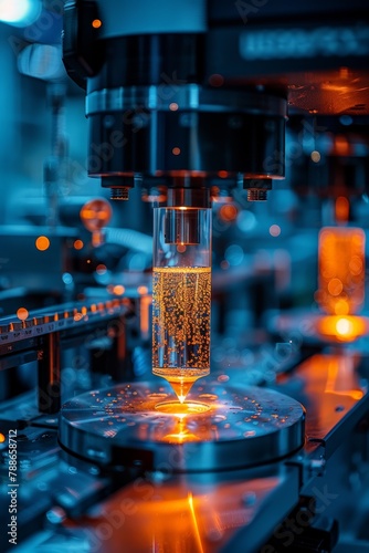 Glass of liquid on machine in nanotechnology lab