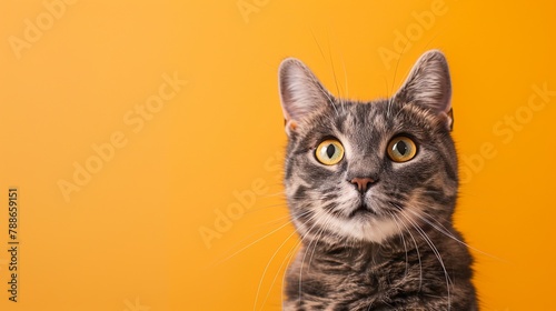 Funny british shorthair cat portrait looking shocked or surprised on orange background with copy space