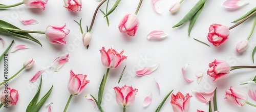 A flat lay, top view of a white background adorned with a bouquet of pink tulip flowers. © Vusal