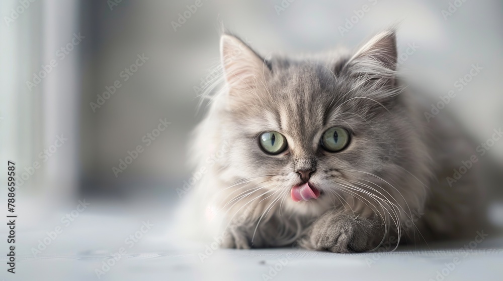 Funny large longhair gray kitten with beautiful big green eyes lying on white table. Lovely fluffy cat licking lips. Free space for text