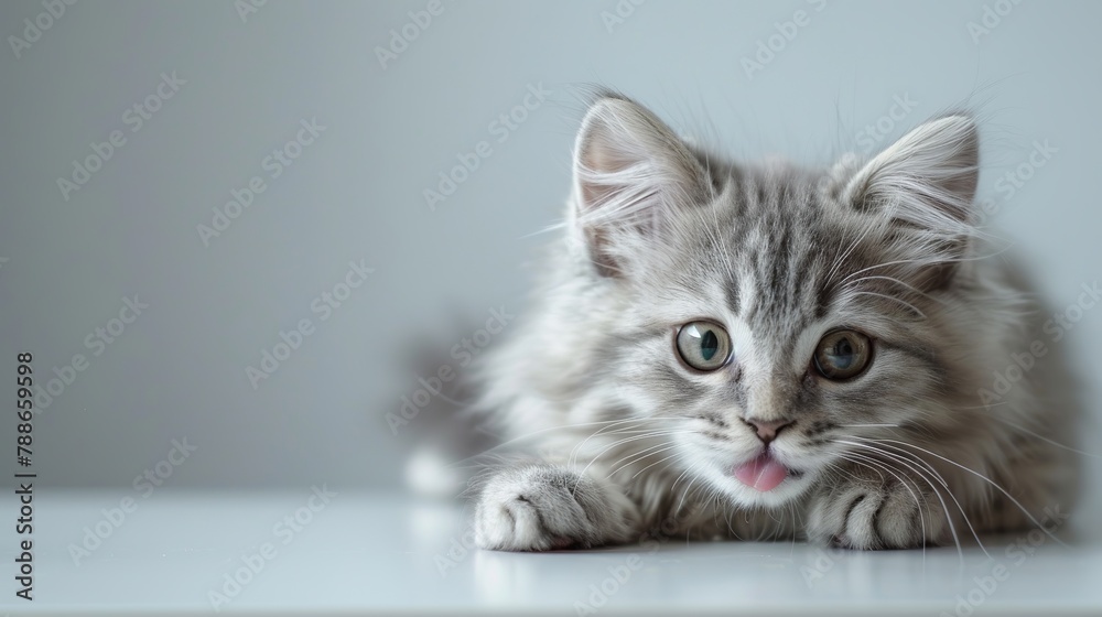 Funny large longhair gray kitten with beautiful big green eyes lying on white table. Lovely fluffy cat licking lips. Free space for text Funny large longhair gray kitten with beautiful big green eyes lying on white table. Lovely fluffy cat licking lips. Free space for text