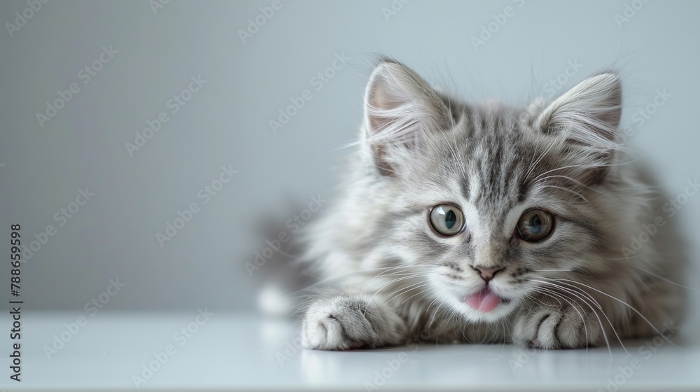 Fototapeta premium Funny large longhair gray kitten with beautiful big green eyes lying on white table. Lovely fluffy cat licking lips. Free space for text