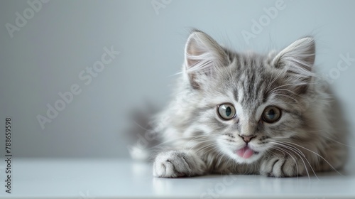 Funny large longhair gray kitten with beautiful big green eyes lying on white table. Lovely fluffy cat licking lips. Free space for text
