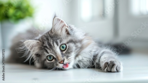 Funny large longhair gray kitten with beautiful big green eyes lying on white table. Lovely fluffy cat licking lips. Free space for text