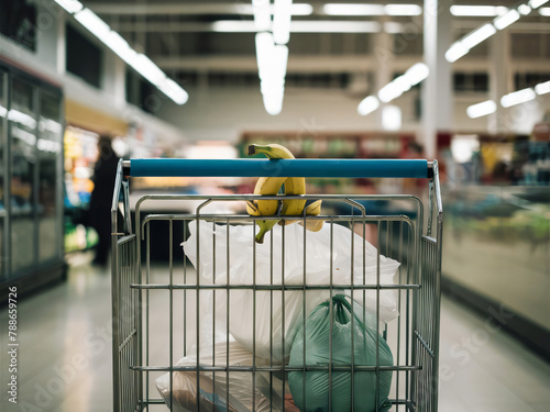 Concepto de crisis económica, carro de supermercado casi vacío