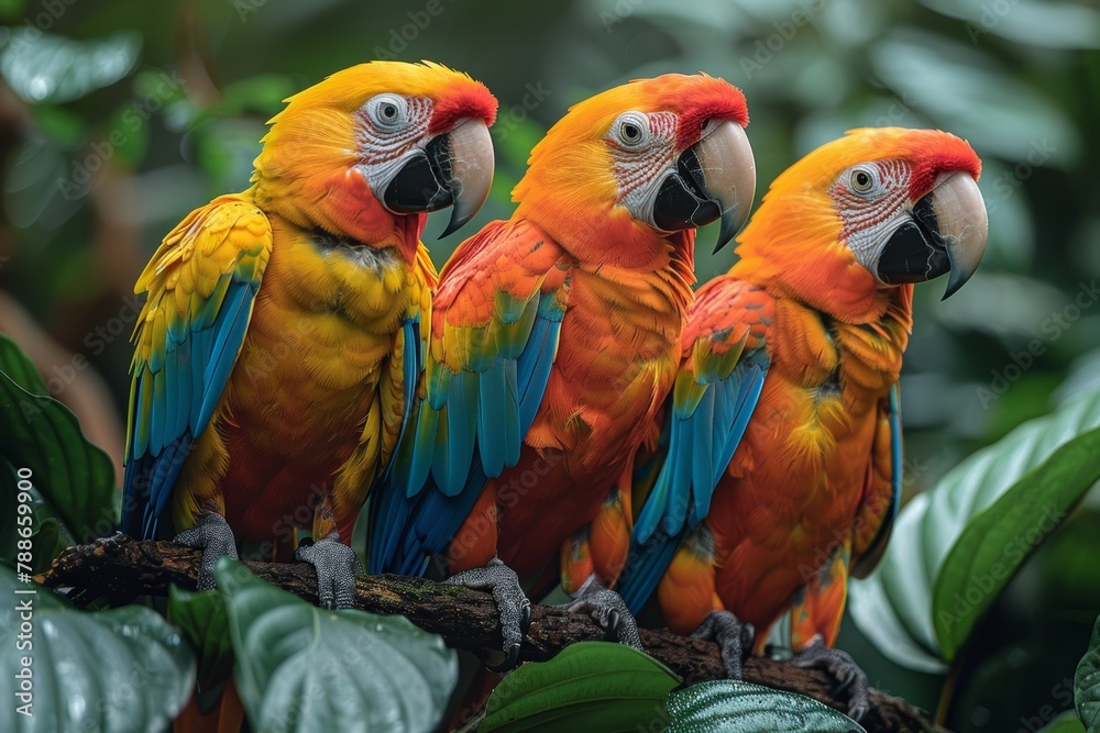 Three colorful parrots sitting on branch