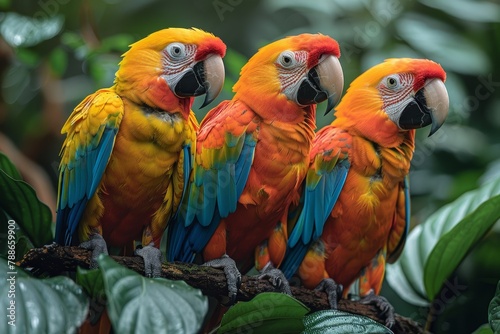 Three colorful parrots sitting on branch © yuliachupina