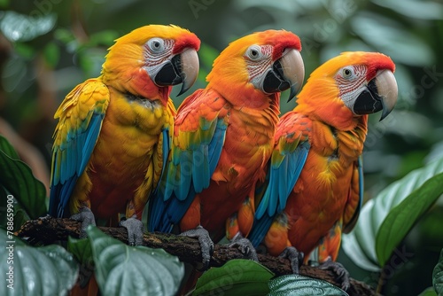 Three colorful parrots sitting on branch