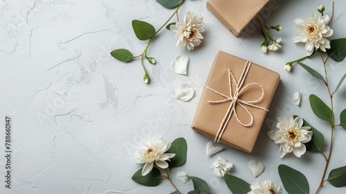 Feminine Invitation or greeting card mockup with craft envelope, gift box and white peony flowers and eucalyptus sprigs on light background © Manzoor