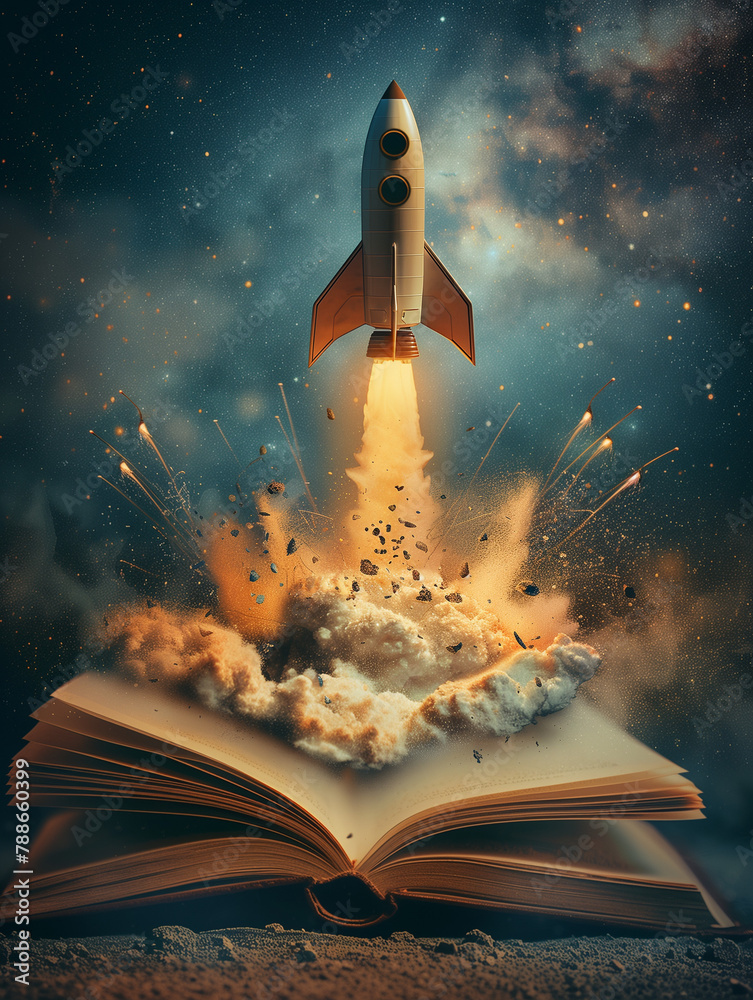 Fototapeta premium A creative illustration of a rocket ship launching from an open book, symbolizing adventure and learning