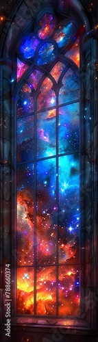 Starry Skies Design a ceilingtofloor stained glass window that transforms an entire wall into a galaxy scene, with stars of varying sizes and colors twinkling against a backdrop of deep space 8K , hig photo