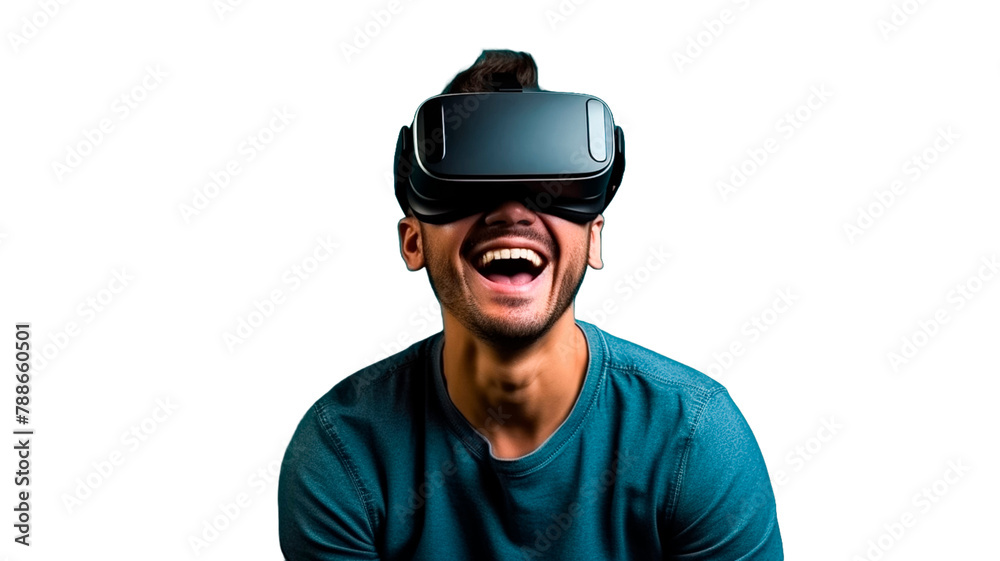 Man having fun using VR glasses on transparent background PNG or white background. VR, future, gadgets, technology concept.
Man having fun using VR glasses on transparent background PNG or white background. VR, future, gadgets, technology concept.