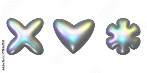 Abstract 3d metal holographic y2k elements set - stars, flowers, heart and other simple geometric shapes with glossy chrome effect. Trendy y2k vector illustration