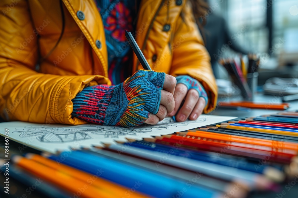 Woman drawing with bunch of pencils Woman drawing with bunch of pencils