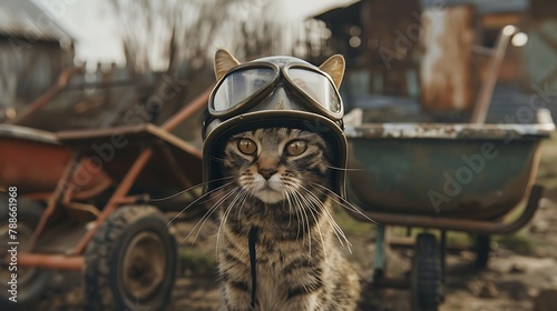 Cute Scottish cat in aviator helmet on the background of wheelbarrows