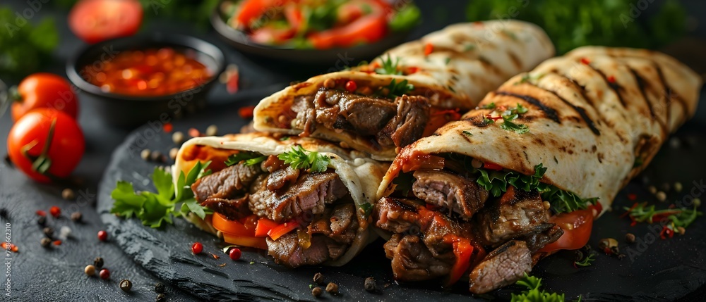 Savory Grilled Shawarma Duo with Fresh Garnish. Concept Middle-Eastern Cuisine, Grilled Meats, Fresh Ingredients, Tasty Pairings Savory Grilled Shawarma Duo with Fresh Garnish. Concept Middle-Eastern Cuisine, Grilled Meats, Fresh Ingredients, Tasty Pairings
