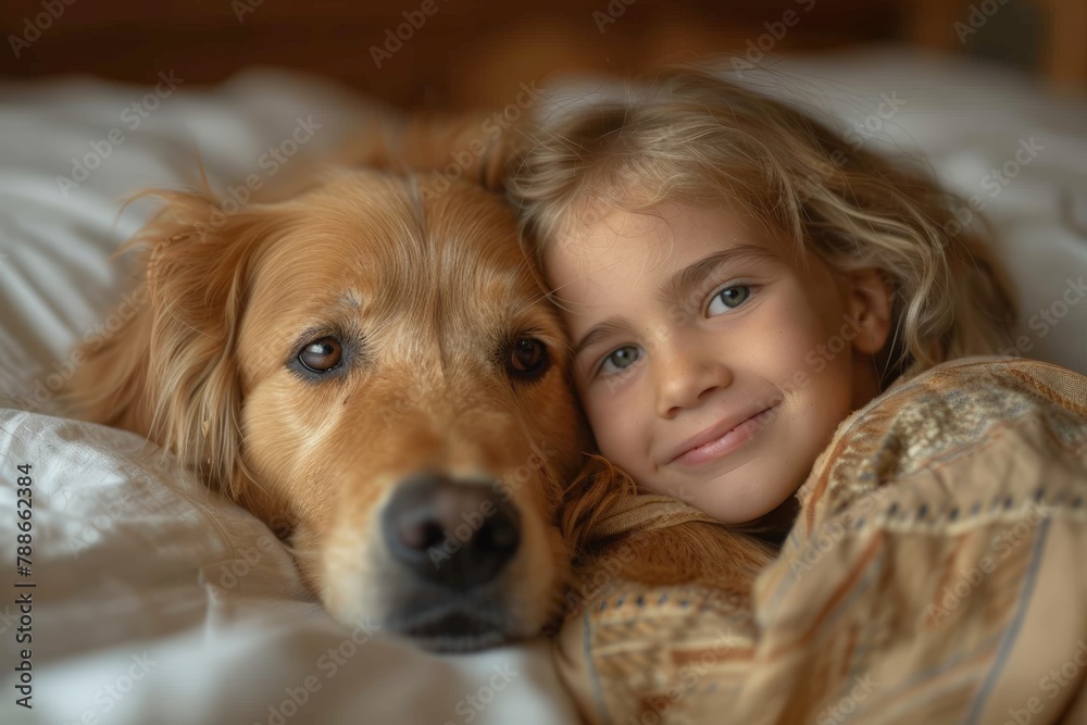 Girl and dog resting on bed
