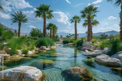 Desert oasis, contrasting landscapes, life thriving, palm trees, water source