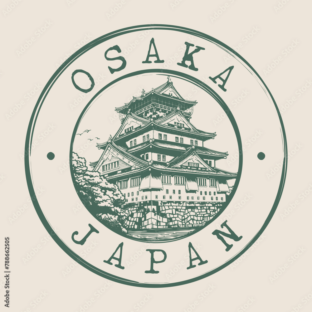 Naklejka premium Osaka, Japan Stamp City Postmark. Silhouette Postal Passport. Round Vector Icon. Vintage Postage Design. 