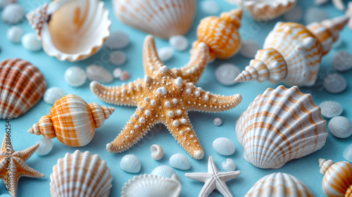 Big Starfish And Various Sea Shells On A Blue Background. Ideal for Wallpaper, Social Media, Advertising Banner
