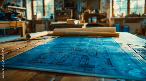 a blueprint on a table with a ruler and a pair of scissors on it