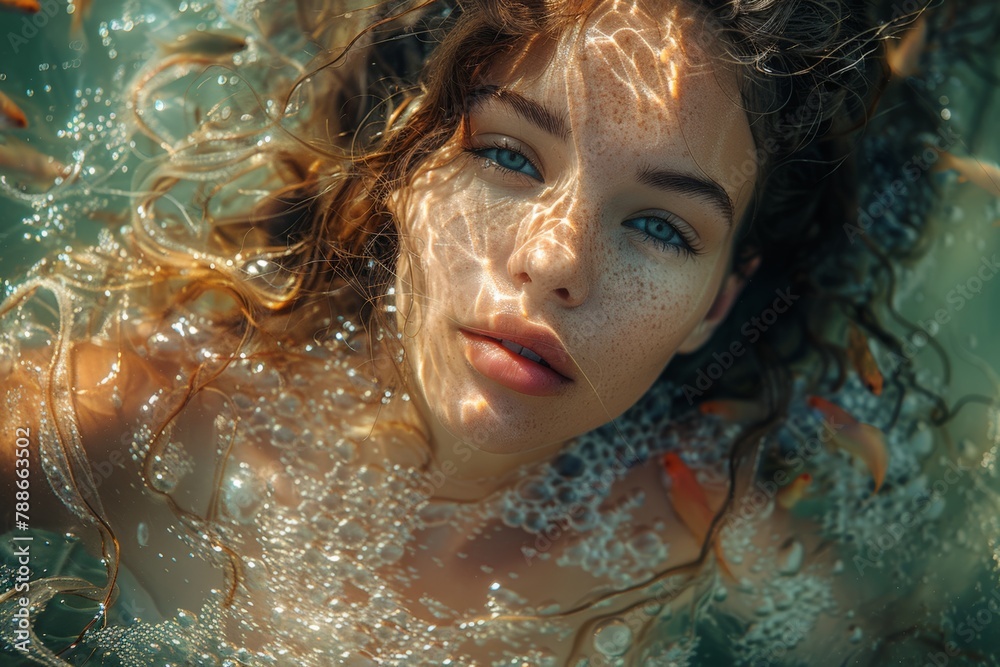 Woman with blue eyes swimming in water