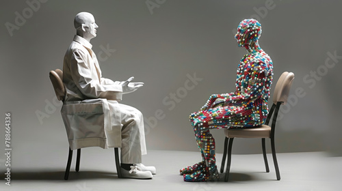 a doctor talking a person made of pills thats sitting in a chair photo