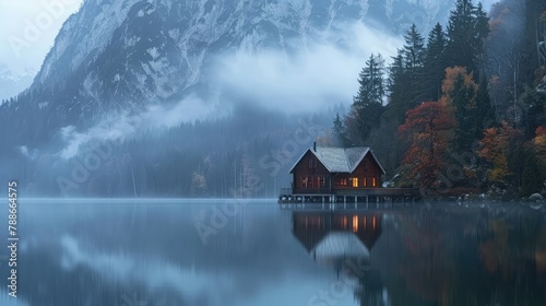 Illuminated Wooden house in the forest on a calm reflecting lake with the foggy mountains in the background at dusk