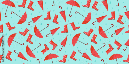 Open umbrella, shoes, rubber boots and closed umbrella. The pattern is seamless. Bright umbrella and raindrops. Rain season. Rainy weather. Flat style. Vector background.