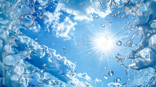 A splash visible from below, forming a circle in the blue sky with the sun visible, full of drops and pieces of ice cream around. Background, texture, abstraction, suns, splash