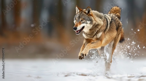 Wolf running and jumping on snow © Elchin Abilov