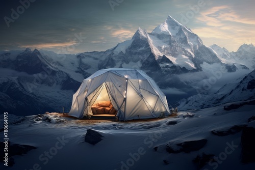 Serene Snow camp tent mountains. Nature travel. Generate Ai