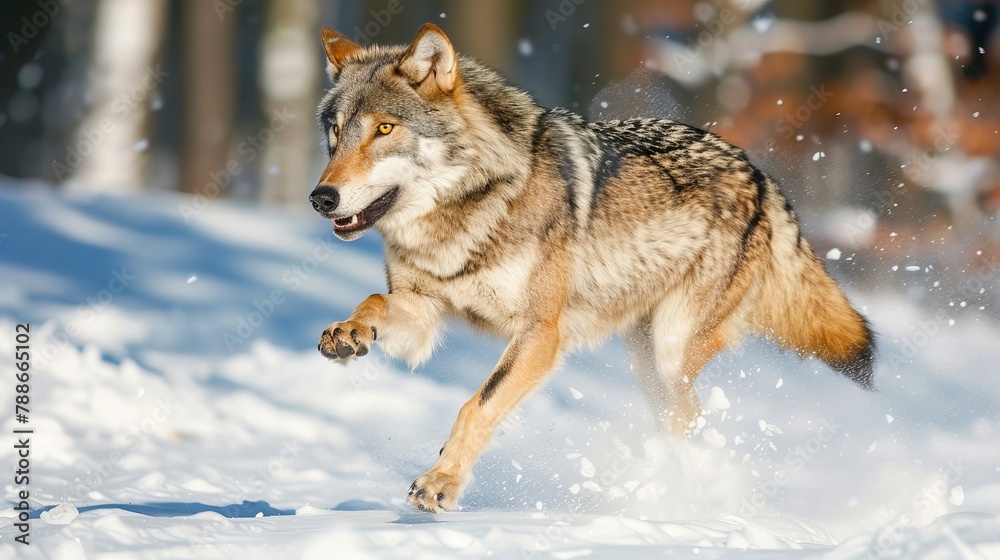 Wolf running and jumping on snow