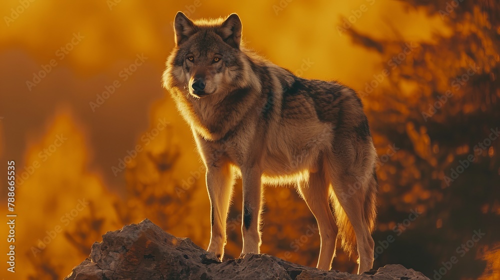 Wonderful detail in nature. The portrait of a large wolf up close. The big wolf stands on the rock and watches the environment. Beautiful sunset and yellow sky in the background Wonderful detail in nature. The portrait of a large wolf up close. The big wolf stands on the rock and watches the environment. Beautiful sunset and yellow sky in the background