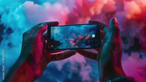 Illustrate a TikToker's hands holding a smartphone, filming a time-lapse video of a creative project,