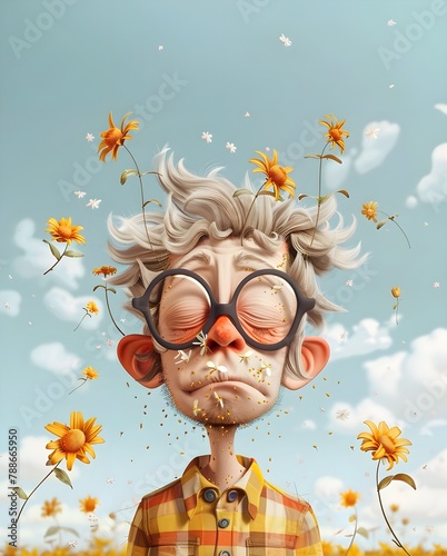 OLD MAN WITH FLOWERS SPRING POLLEN SEASONAL ALLERGY CHARACTER CARTOON (ID: 788665950)