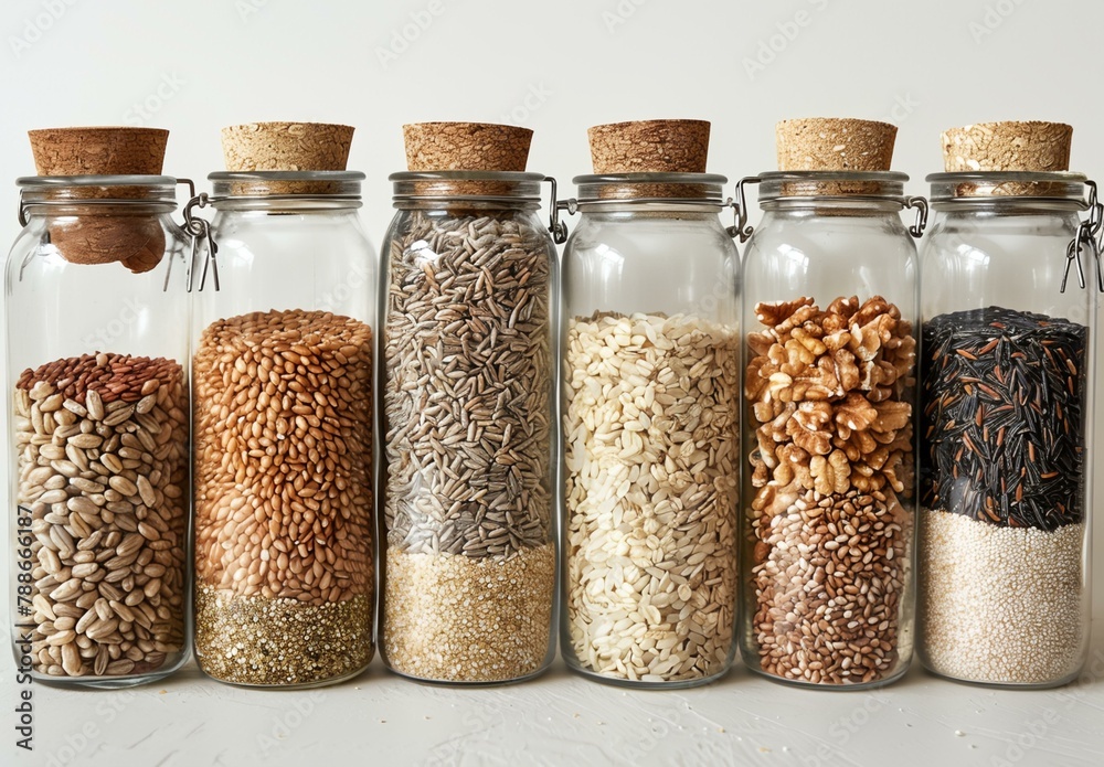 a row of glass jars filled with different types of grains and seeds a row of glass jars filled with different types of grains and seeds
