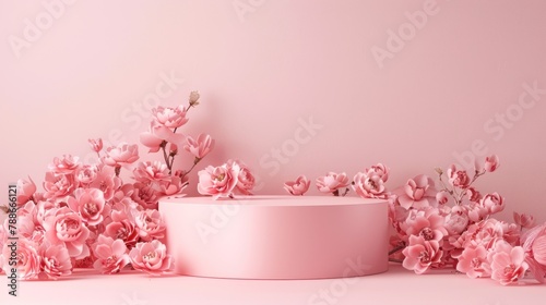 Pink cylinder podium stand display with pink flower rose decoration light background. AI generated