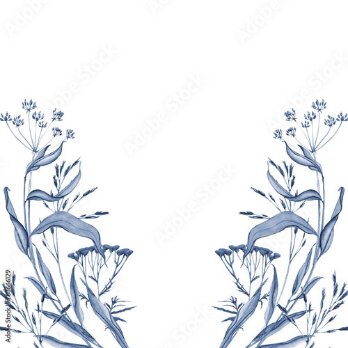 Monochrome blue. Watercolor illustration frame with meadow leaves and tansy, flowers and wild dry grass. Banner with herbs. Clip art vintage card forest wildlife plants for the design of stationery