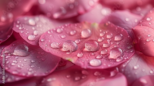   A tight shot of water droplets clinging to a pink flower, featuring a central green leaf