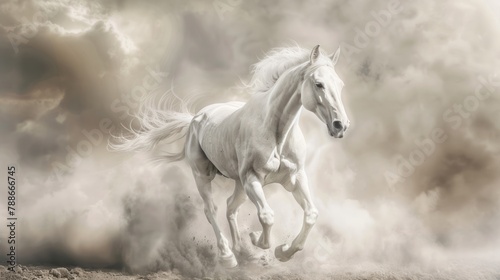 Realistic White horse running on dust fantasy background. AI generated image